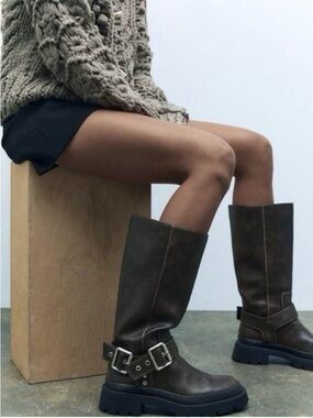 Zara Buckled Flat Lug Sole Boots